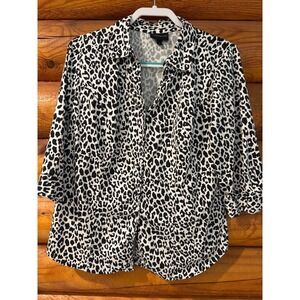 Lane Bryant Womens 16 Leopard Print Button Down Shirt 3/4 Sleeve Black White